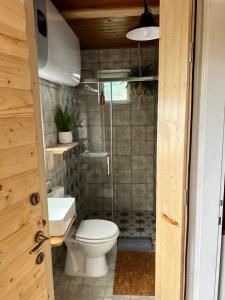 La salle de bains est pourvue d'une douche et de toilettes. dans l'établissement Love Shack, à Balatonudvari