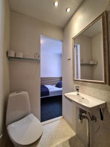 een badkamer met een toilet, een wastafel en een spiegel bij Milling Hotel Mini 11 in Odense