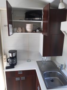 una pequeña cocina con fregadero y cafetera en Mobile home S004 en Lancieux