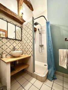 サント・モール・ド・トゥレーヌにあるAquarelleのバスルーム(シャワー、シンク、バスタブ付)