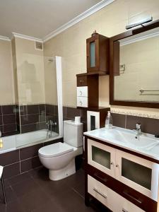 La salle de bains est pourvue de toilettes, d'un lavabo et d'un miroir. dans l'établissement Precioso piso en el corazón de la Riveira Sacra, à Quiroga