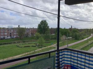 デン・ハーグにあるGeniet van de rust en uitzichtのバルコニーから公園の景色を望めます。