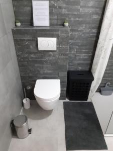 a bathroom with a toilet and a black brick wall at Apartman Nada in Ližnjan