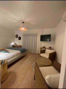 a bedroom with a bed and a couch and a tv at CHAMBRE D HOTE in Porticcio