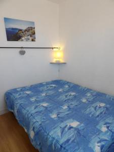 um quarto com uma cama azul e uma luz em Charmant appartement T2 avec Balcon em Saint-Cyprien