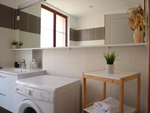 a laundry room with a washing machine and a mirror at Appartement spacieux pour 6 personnes in Saint-Omer