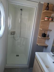 y baño con cabina de ducha y lavabo. en BJ Chalets - Robbengat 85 - Gezellige, kindvriendelijke chalet op vakantiepark Lauwersoog! Vroege incheck! en Lauwersoog