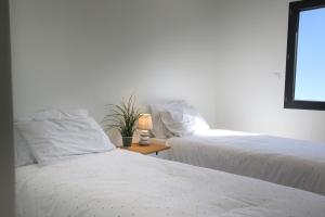 twee bedden naast elkaar in een slaapkamer bij LA VILLA DU BAGNAS in Marseillan