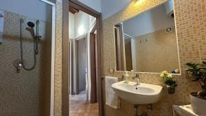 een badkamer met een wastafel, een douche en een spiegel bij A casa di Maria 2 in Catania