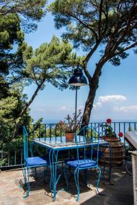 einen blauen Tisch und Stühle auf einem Balkon mit Meerblick in der Unterkunft La Casa nel Bosco in Capri