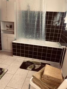 y baño con ducha y bañera. en Ferienwohnung Langes, en Freiensteinau