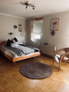 1 dormitorio con 1 cama, 1 silla y 1 alfombra en Ferienwohnung Langes, en Freiensteinau