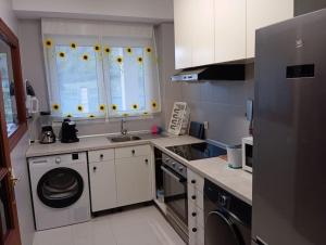 a kitchen with a sink and a washing machine at Los acebos. Mar, montaña, cuevas in Rasines