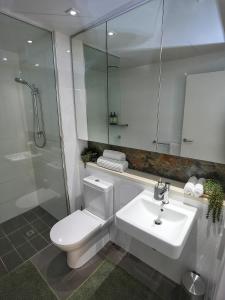 a bathroom with a toilet and a sink and a shower at Wharf-view Waterfront Apartment in Darwin