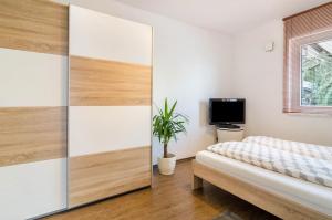 InzigkofenにあるFerienwohnung Inzigkofenのベッドとテレビのある寝室 +12枚の写真