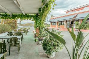Un patio al aire libre con mesas, sillas y plantas. en Hotel Duc de Vendôme, en Vinarós