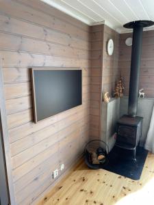 Pokój z telewizorem z płaskim ekranem i piecem opalanym drewnem w obiekcie Cabin close to Kjerag, hiking and lakes! w mieście Tjørhom
