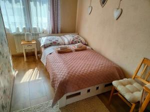 Apartamenty nad Młynówką في شوشولو: غرفة نوم صغيرة بها سرير وكرسي