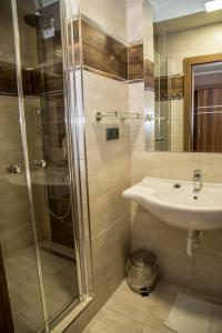 a bathroom with a shower and a sink at Hotel Panon in Hodonín