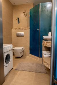 a bathroom with a toilet and a washing machine at Surf&biKe apartments Jurata in Jurata