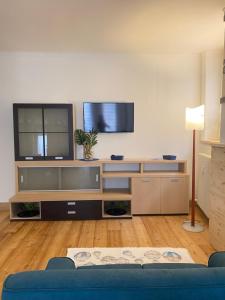 a living room with a blue couch and a flat screen tv at Blue Suite in Vicenza
