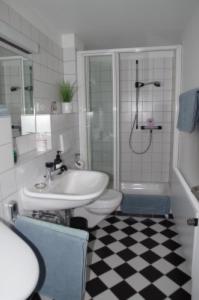 a bathroom with a sink and a toilet and a shower at Ferienhaus Schotten in Schotten