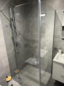una doccia con porta in vetro in bagno di Brzeska For You II a Lubin