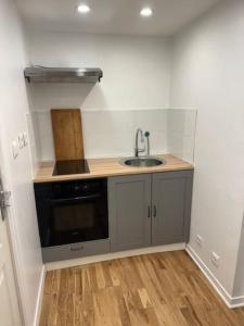cocina pequeña con fregadero y fogones en Appartement dans résidence calme dans les Monts du Lyonnais, en Soucieu-en-Jarrest
