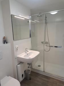 La salle de bains blanche est pourvue d'un lavabo et d'une douche. dans l'établissement Hanseatenhaus Appartement 67, à Westerland