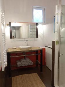 a bathroom with a sink and a mirror and towels at Le Jardin Ecolodge in Lamarque-Pontacq