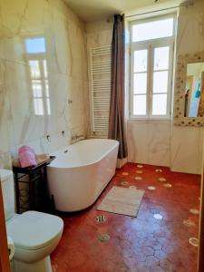 a bathroom with a white tub and a toilet at Les MIRABELLES chambres d'hôtes in Sisteron