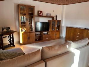 a living room with a couch and a flat screen tv at Casa do Castelo- Serra da estrela in Covilhã