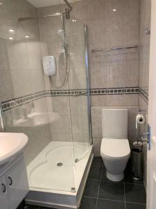 a bathroom with a shower and a toilet and a sink at SHOREBANKS - Harbour View Apartment in Sandbanks. in Sandbanks