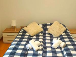 Una cama azul y blanca a cuadros con toallas. en Nani Apartman - Banja Ždrelo, en Malo Laole
