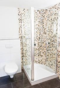 uma casa de banho com um chuveiro e um WC. em Hotel & Restaurant - Gasthaus Brandner em Trendelburg