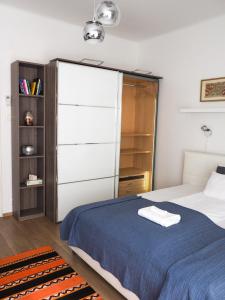 a bedroom with a bed and a book shelf at Buda Home in Budapest