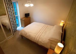 a small bedroom with a bed and a mirror at Salisbury Luxury Apartment in Salisbury