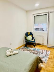 ein Schlafzimmer mit einem Bett, einem Stuhl und einem Fenster in der Unterkunft Nancy apartment in Skopje