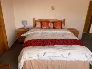 um quarto com uma cama grande e almofadas vermelhas em Riverdale Ensuite em Palmerston North