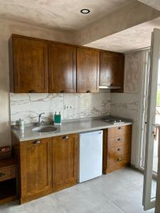 a kitchen with wooden cabinets and a white dishwasher at MAVİ AT HOTEL Blue Horse in Gümüşdere