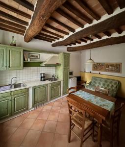 サン・ジミニャーノにあるAgriturismo Casa Alle Vaccheのキッチン(緑のキャビネット、木製テーブル付)