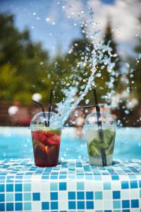 twee drinkbekers zittend op een tafel naast een zwembad bij Mountain Krystal in Boekovel