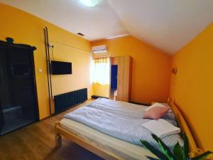 a bedroom with yellow walls and a bed in a room at Guljaš Čarda Old in Šupljak