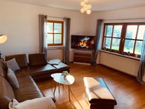 a living room with a couch and a tv at Adlerhorst, 4 Schlafzimmer, Blick in die Alpen, Parkplatz in Thyrnau