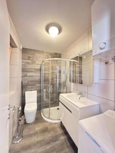 a bathroom with a shower and a toilet and a sink at Studio 68 Terme Čatež in Brežice