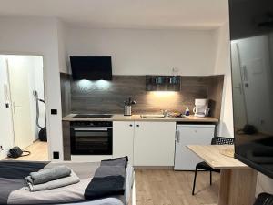 cocina pequeña con fregadero y fogones en Low Budget Apartment Cologne, en Colonia