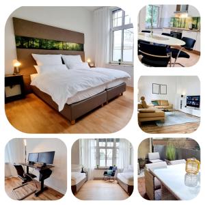 un collage de fotos de un dormitorio y una sala de estar en 135m²-Apartment I max. 8 Gäste I Zentral I Küche I Balkon I Parken I WLAN en Lünen