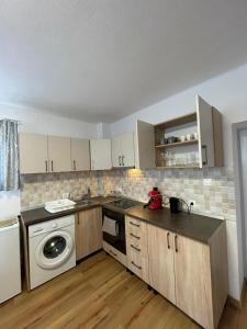 cocina con fregadero y lavadora en Island apartman 3 en Odorheiu Secuiesc