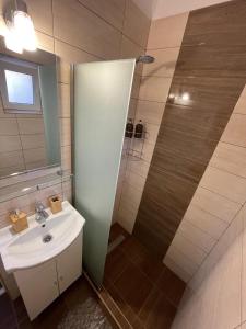 y baño con lavabo y ducha. en Island apartman 3 en Odorheiu Secuiesc