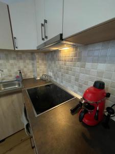 una cocina con fregadero y un aparato rojo en Island apartman 3 en Odorheiu Secuiesc